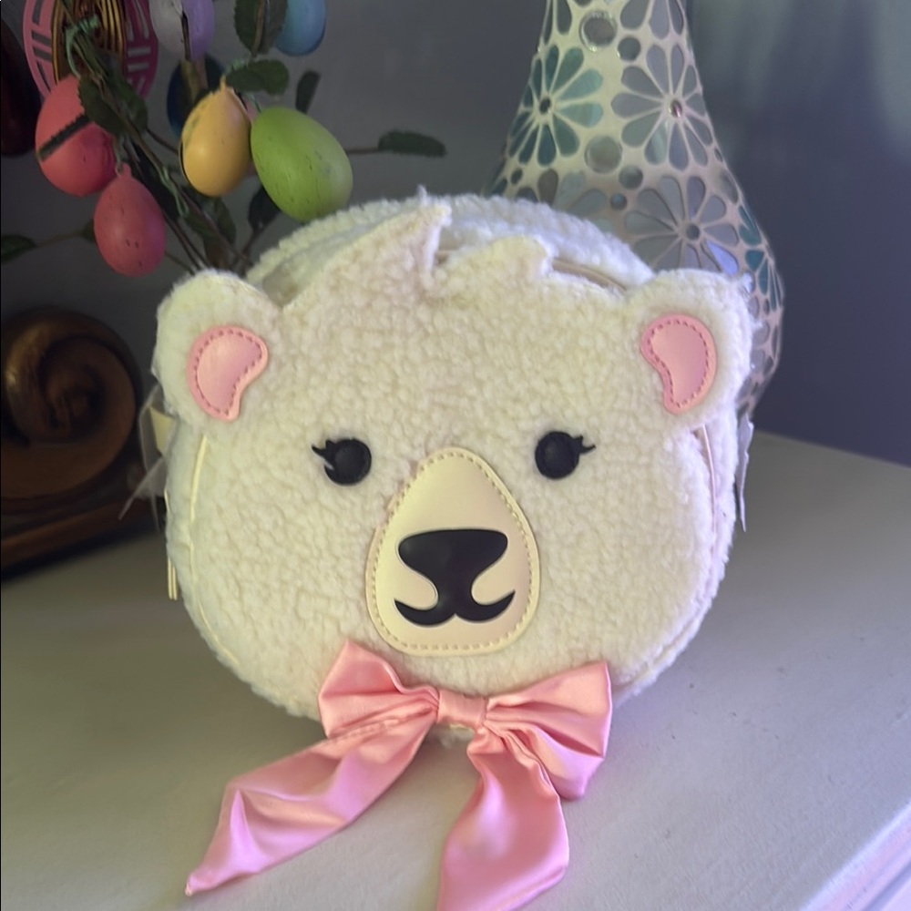 NWT Bath & Bodyworks- Cute Bear Face Plush Bag with Pink Bow